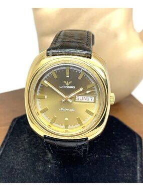 Wittnauer Men's Watch Vintage Swiss Automatic Gold Dial Day Date Leather Strap